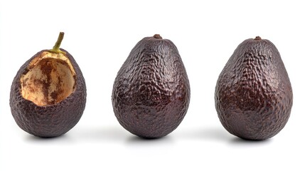 Three Avocados Showing Stages of Ripeness and Consumption