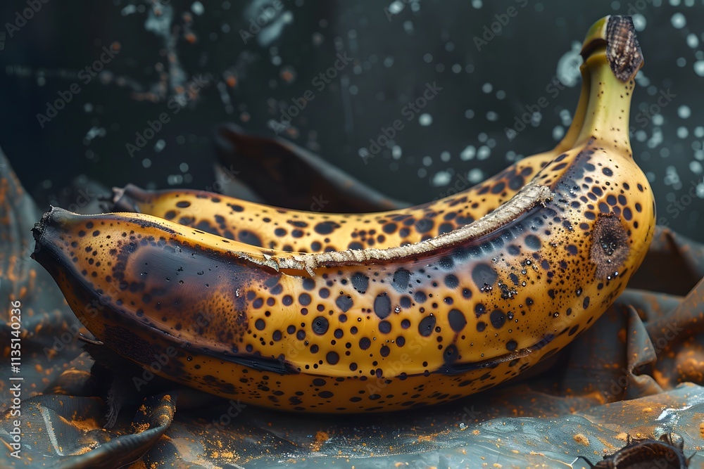 Poster ripe bananas with unique speckled texture on a rustic background