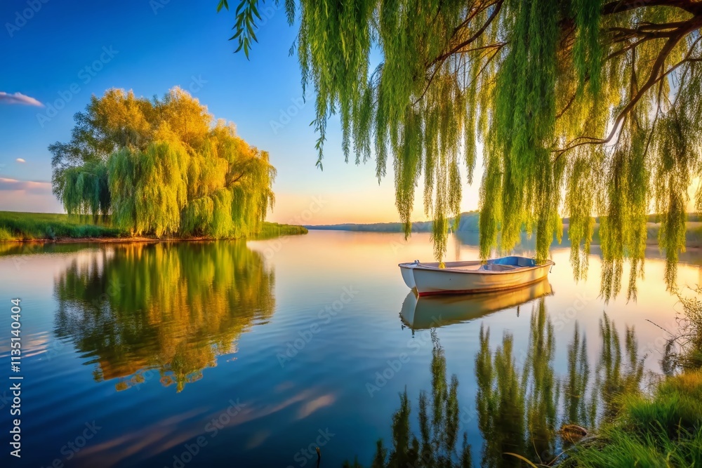 Aufkleber serene scene of a boat anchored by a willow tree on a tranquil lake with copy space for text or grap