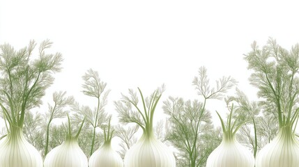 Fresh fennel bulbs with green tops on white background