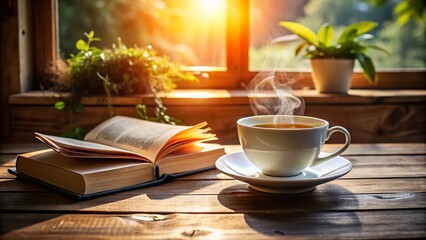 Serene Scene of a White Cup of Tea on a Rustic Wooden Table Next to an Open Reading Book, Perfect for Cozy Moments and Relaxation