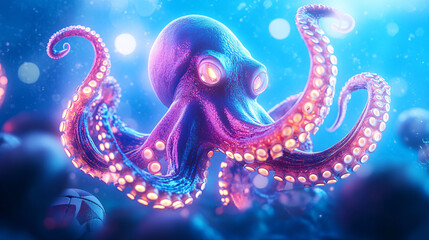 A glowing underwater rugby icon featuring a glowing octopus, representing online sports platforms studying marine team sports.  