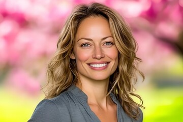 Fototapeta premium Smiling blonde woman in gray blouse strolls in a botanical garden filled with pink cherry blossoms in full bloom.