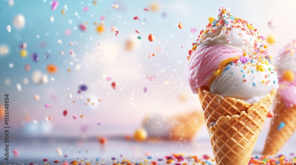 Poster A brightly colored ice cream cone with two scoops topped with sprinkles. The soft, pastel background adds a whimsical atmosphere, while candies appear to float in mid-air around the cone.. AI