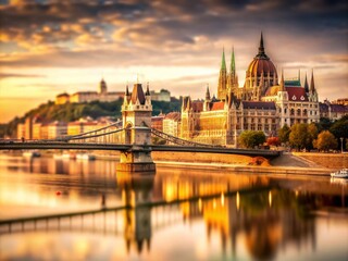 Fototapeta premium Serene Sepia View of the Elbiety Bridge and Royal Castle in Budapest from the Danube River with Tilt-Shift Photography Effect for a Dreamlike Aesthetic