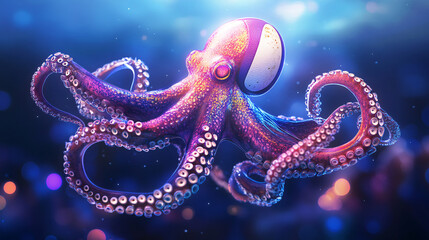 Naklejka premium A glowing underwater rugby icon featuring a glowing octopus, representing online sports platforms studying marine team sports. 