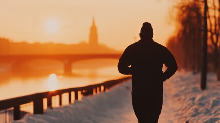 Fototapeta premium A close-up of a man jogging by a river in the early morning with copy space.