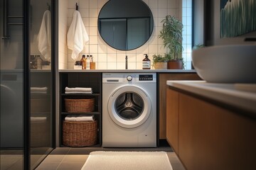 Modern laundry room with washing machine and stylish decor in urban home