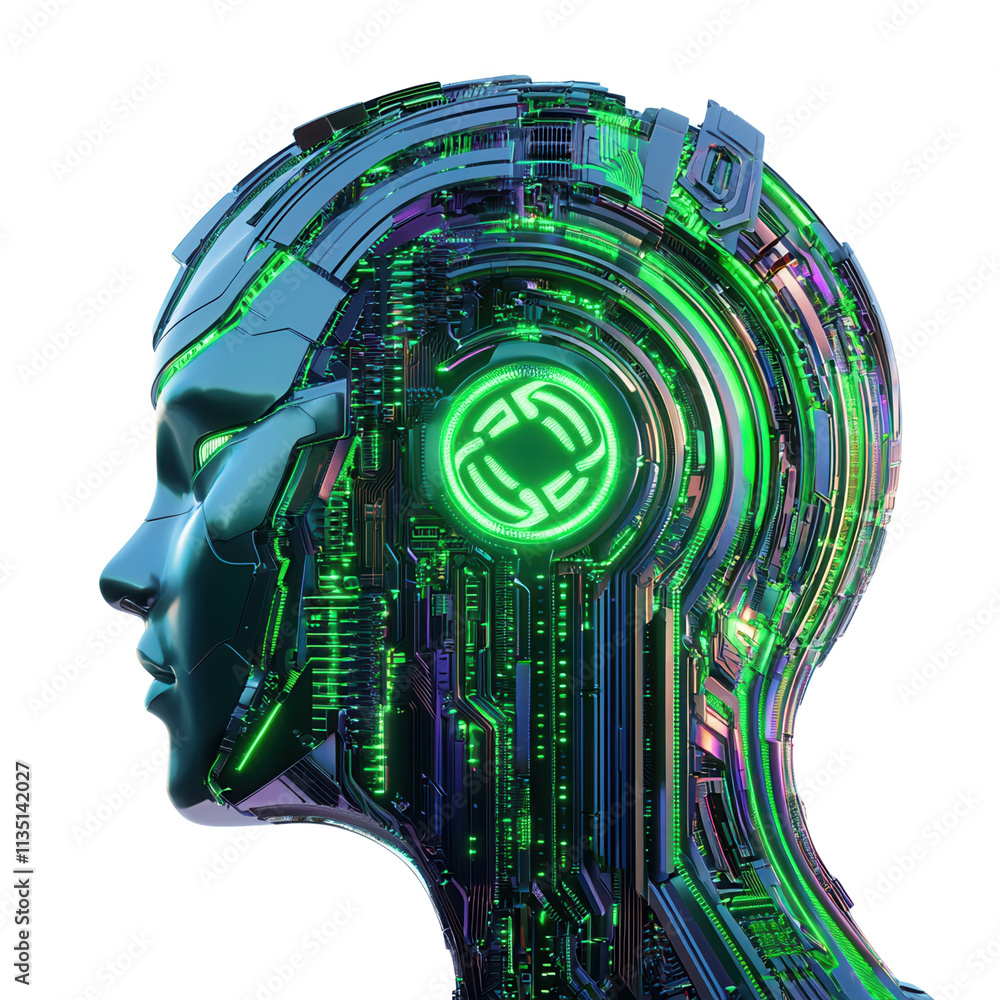 Poster a futuristic robotic head with intricate circuitry and a glowing green symbol, showcasing advanced t