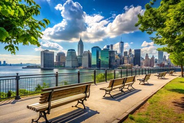Serene Summer Scene of Empty Benches at Brooklyn Heights Promenade Overlooking the Manhattan Skyline in New York City with Lush Greenery and Vibrant Blue Skies