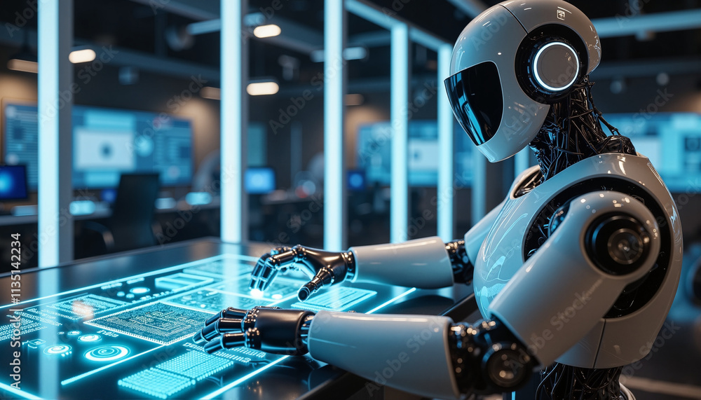 Poster futuristic robotic figure engaging with advanced technology in a high-tech innovation lab environmen