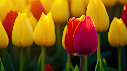 Obraz premium Solitary red tulip amid yellow tulips in a picturesque spring field.