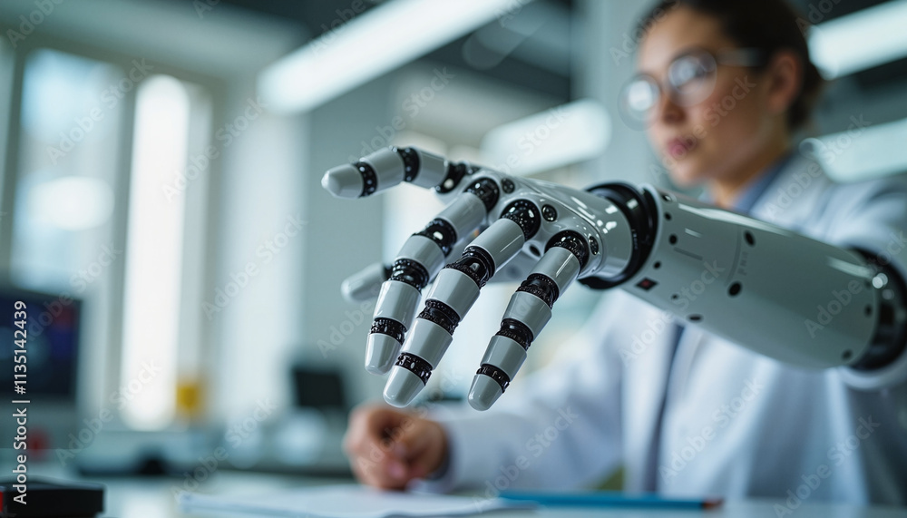 Poster innovation in action as a robotic hand showcases advancements in technology and automation in a mode