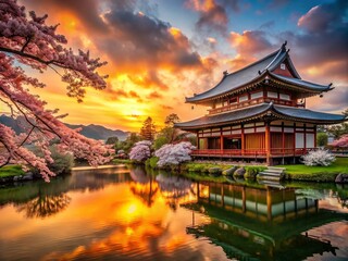 Obraz premium Serene Sunset Over a Majestic Japanese Temple Surrounded by Lush Nature and Tranquil Reflections in the Water, Capturing the Essence of Traditional Architecture and Peaceful Ambiance