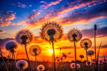 Serene Sunset Landscape with Silhouetted Dandelionlike Plants Against a Vibrant Sky Capturing Nature's Tranquility and Beauty in Photographic Silhouettes