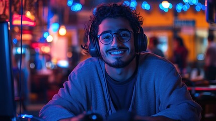 Obraz premium Smiling Gamer in Neon-Lit Cyber Cafe
