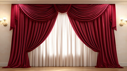 Luxurious red velvet curtains draping over a wooden floor, highlighted by spotlights, red, velvet, curtains, wooden. Velvet. Illustration