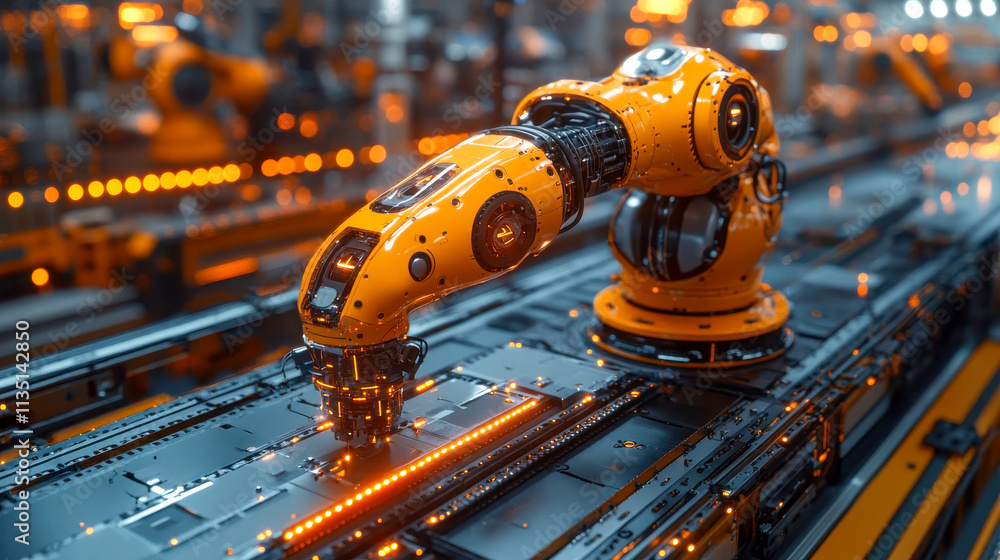 Poster a close-up of an automated robotic arm in a modern industrial assembly line, showcasing advanced man