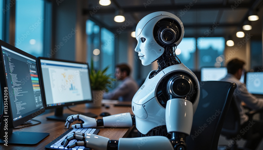 Poster innovative robot assistant engages in data analysis and programming in a modern office setting durin