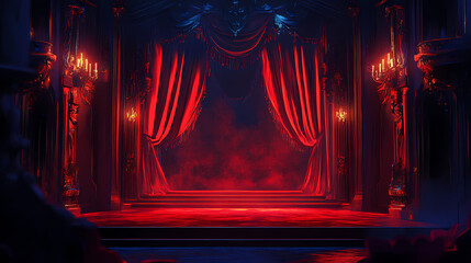 Majestic theater stage framed by rich red velvet curtains dramatic lighting casts a warm glow creating an atmosphere of anticipation and theatrical wonder. Velvet. Illustration