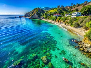 Fototapeta premium Serene Top-Down View of Crystal Clear Water at S Christian School Beach in Malibu with Lush Surroundings and Soft Bokeh Highlights for Tranquil Nature Scenes
