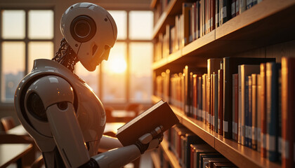 Robot explores knowledge in a serene library at sunset, blending technology with literature and human curiosity