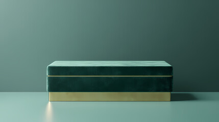 Minimal background for product presentation. green velvet box with brass edge. 3d render illustration. clipping path of each element included. Velvet. Illustration