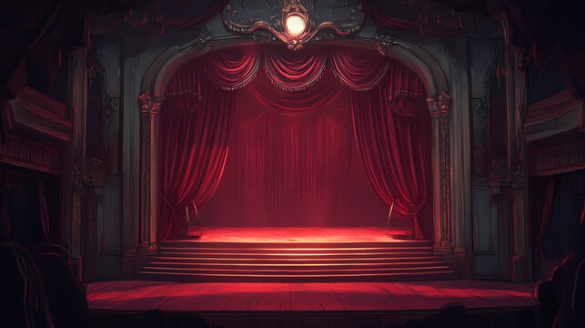 Majestic theater stage framed by rich red velvet curtains dramatic lighting casts a warm glow creating an atmosphere of anticipation and theatrical wonder. Velvet. Illustration