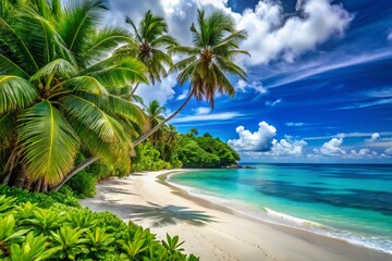 Fototapeta premium Serene Tropical Beach View with Lush Greenery and Crystal Clear Blue Sea Under a Bright Sky Perfect for Travel and Nature Lovers Seeking Stunning Coastal Landscapes