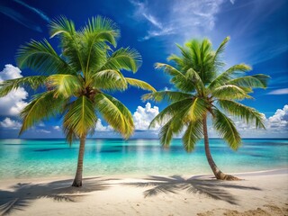 Obraz premium Serene Tropical Beach with Two Palm Trees Framing Azure Waters and Soft White Sand Ideal for Dream Vacations and Travel Inspiration in Exotic Destinations