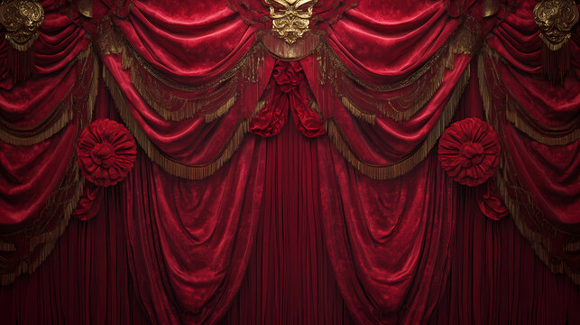 Opulent red velvet curtains with intricate swags, tassels, and golden accents create a lavish, dramatic setting perfect for high-end theatrical performances and elegant events. Velvet. Illustration