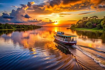 Serene Twilight on the Amazon River: A Traditional Boat Journey Between Santarm and Manaus, Brazil, Capturing the Enchanting Low Light and Reflective Waters of the Amazon Basin