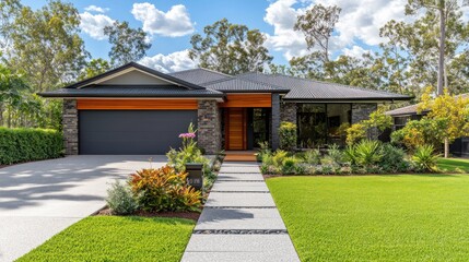 Modern House Exterior Design: Stone, Wood, and Green Landscaping