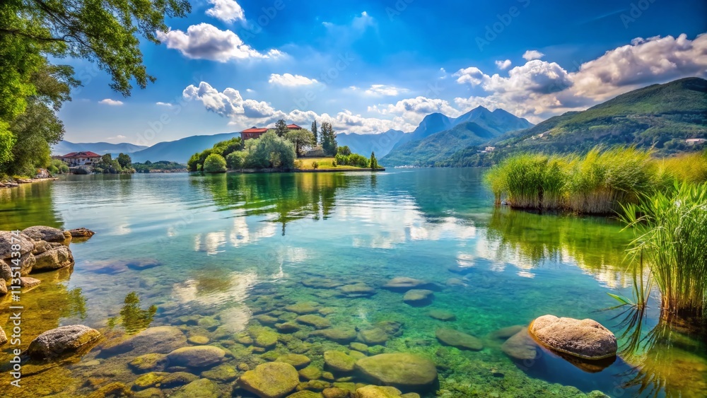 Poster serene view of secca sul lago from an isolated island surrounded by lush greenery and crystal clear 