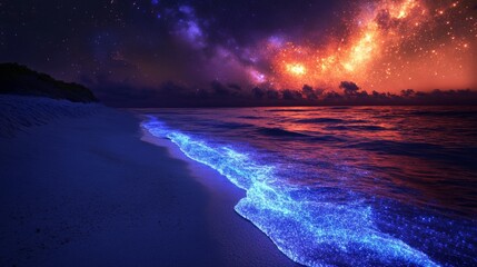 A breathtaking view of glowing blue waves gently hitting the beach, under a bright starry sky. The Milky Way illuminates the night, creating a magical and serene atmosphere over the coastal landscape