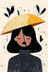 Fototapeta premium A whimsical illustration depicting a fashionable woman holding a lace parasol, surrounded by abstract floral patterns.