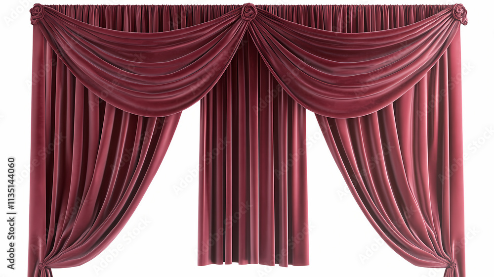 Poster Red curtain with drapes isolated on a white background. Velvet. Illustration