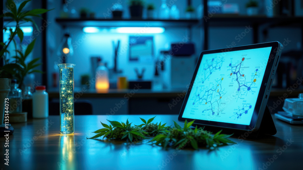 Poster a tablet with a map of cannabis strains on screen, surrounded by lab equipment and samples.