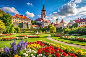 Serene View of Zamecky Park and Castle Garden in Cesky Krumlov, South Bohemia, Showcasing Lush Greenery and Historic Architecture in a Peaceful Landscape