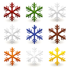Fototapeta premium A colorful grid of nine unique snowflake designs in a simple, graphic style, perfect for winter-themed illustrations.
