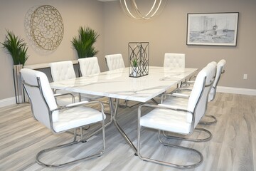 Modern White Dining Set with Marble Table and Chrome Chairs