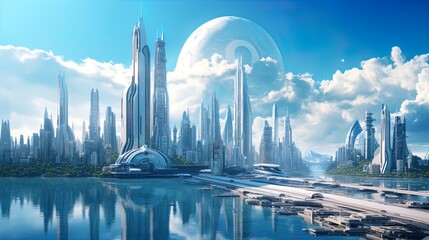 Obraz premium A futuristic cityscape featuring sleek, towering skyscrapers that glisten in the sunlight, set against a bright blue sky and fluffy white clouds. The city is situated near a serene body of water, refl