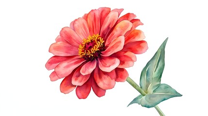 Vibrant Watercolor Flower with Delicate Petals and Green Leaves, Capturing the Beauty of Nature in a Stunning Artistic Representation