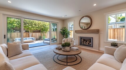 Modern Living Room with Sliding Glass Doors Opening to a Backyard Oasis