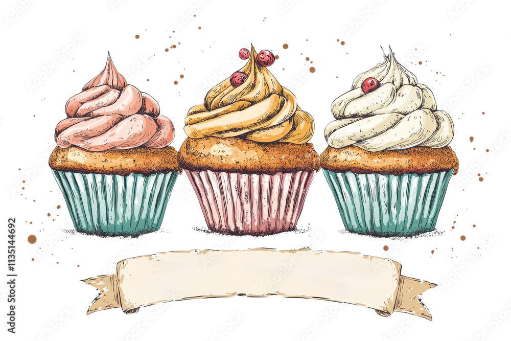 Poster three colorful cupcakes with swirls of frosting, topped with small decorative elements, displayed in
