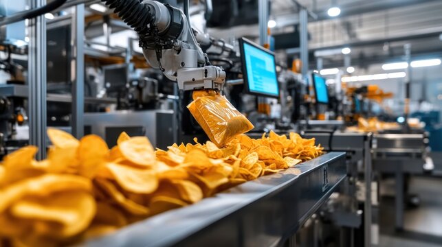 Automated potato chip packaging line in a modern factory.