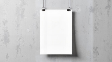 Blank white paper hanging on concrete wall with clips