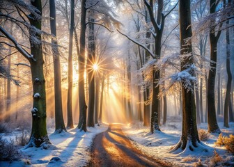 Serene Winter Morning in the Forest with Ethereal Fog and Glimmering Sunbeams Breaking Through the Trees, Embracing Nature's Tranquility in a Dreamlike Atmosphere