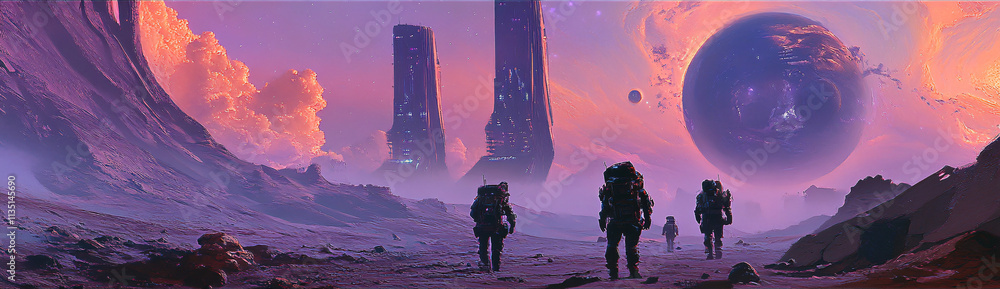Poster a group of astronauts discovering an ancient alien civilization on a distant planet, with towering s