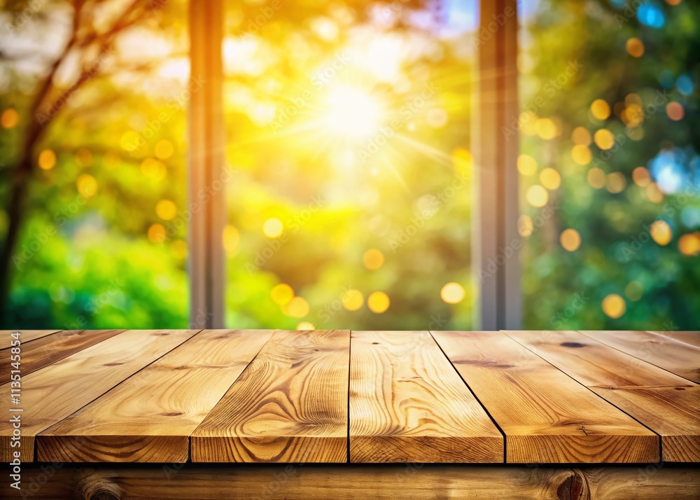 Poster serene wooden table in front of a softly blurred window light, capturing the essence of tranquility 